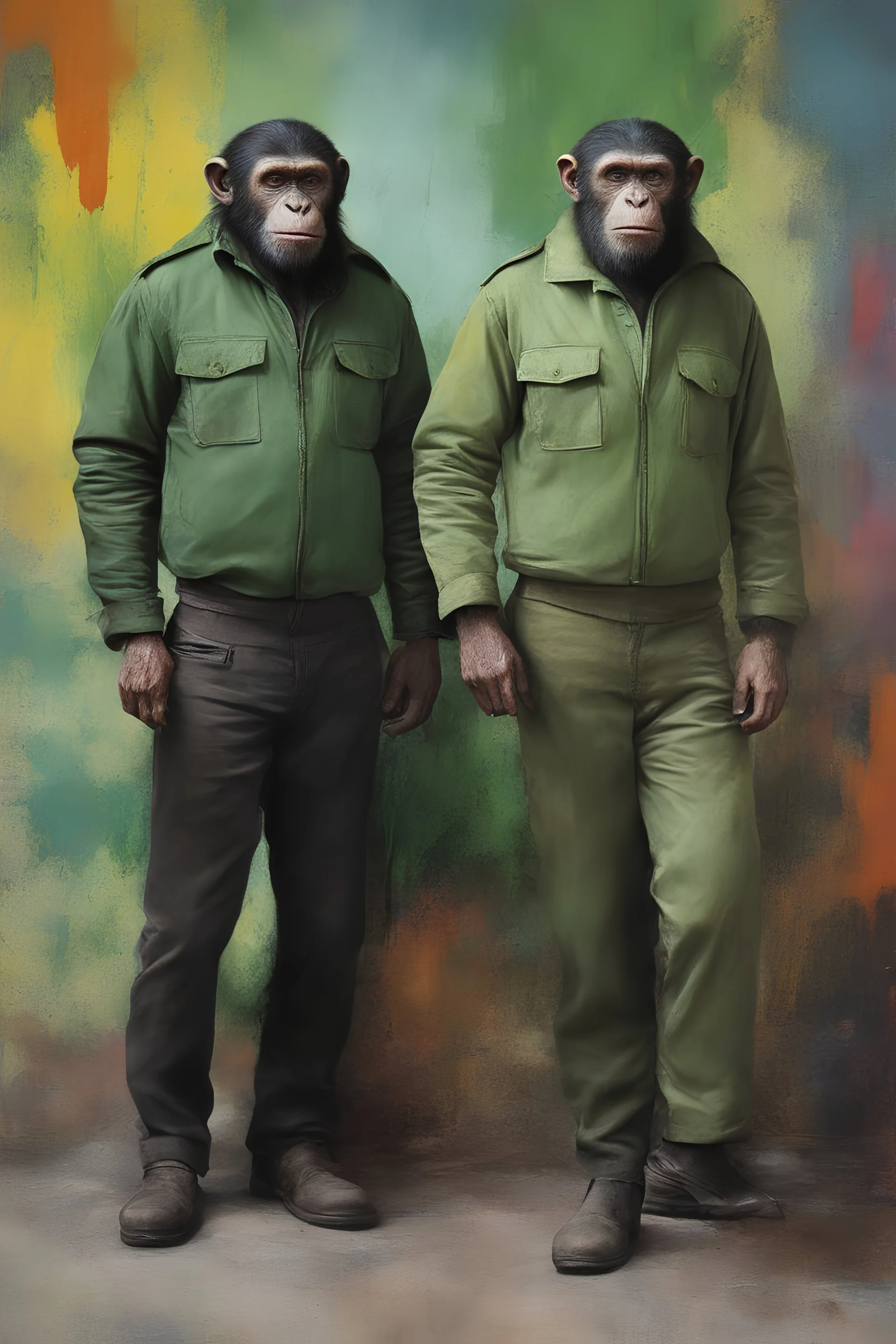 Roddy McDowall and Kim Hunter as Cornelius and Zira the husband-and-wife chimpanzees from Planet of the Apes wearing green jackets, olive green t-shirts and dark green trousers with black slip-on shoes - extremely colorful, multicolored paint splattered wall in the background, oil painting by Leonardo da Vinci