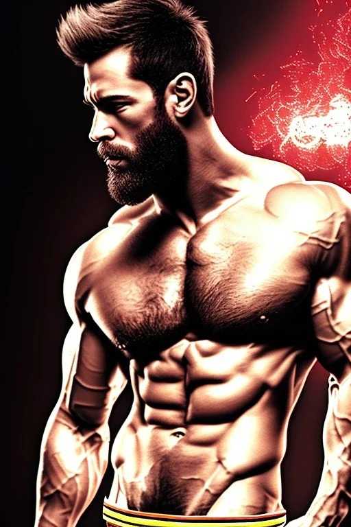 Ignore NSFW, teenager young rugged attractive slightly muscular fantastic handsome man, red briefs with yellow belt, hairy chest, (((visibly pisssing))) briefs, large erect visible boner peniss, photorealistic, artist Jay Anacleto, soft lighting, scruffy beard