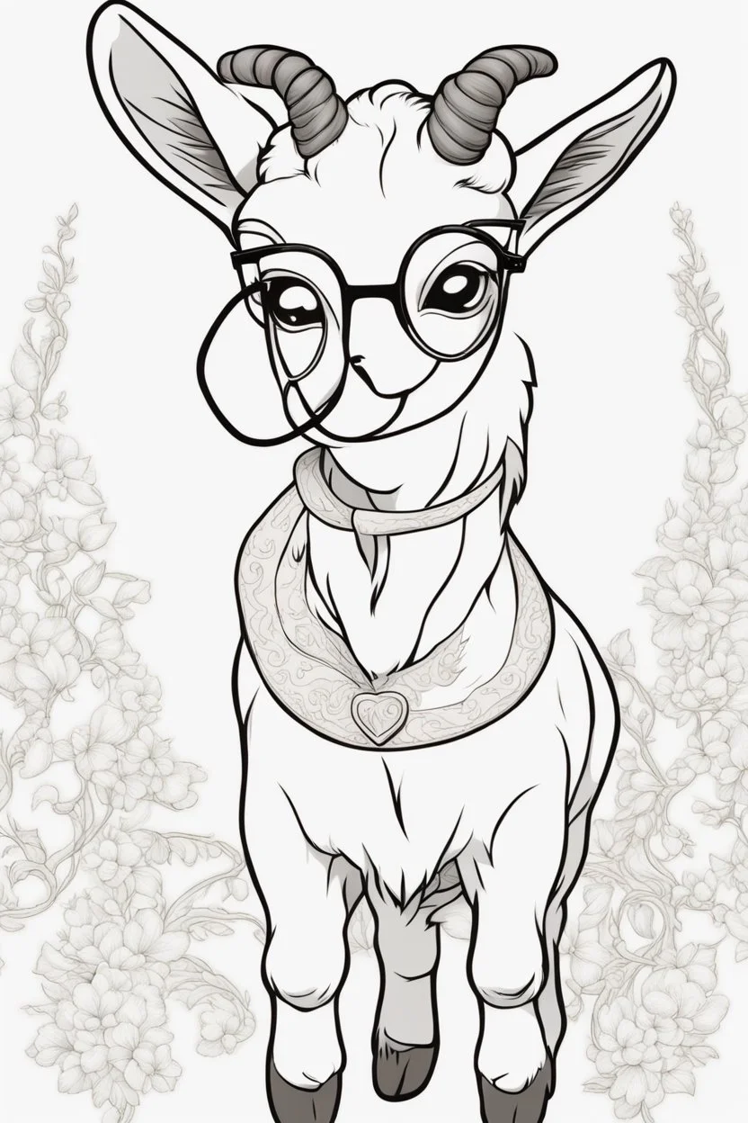 Outline art for cute coloring pages with goat with glasses, full body, white background, sketch style, only use outline, clean line art, no shadows and clear and well outlined.