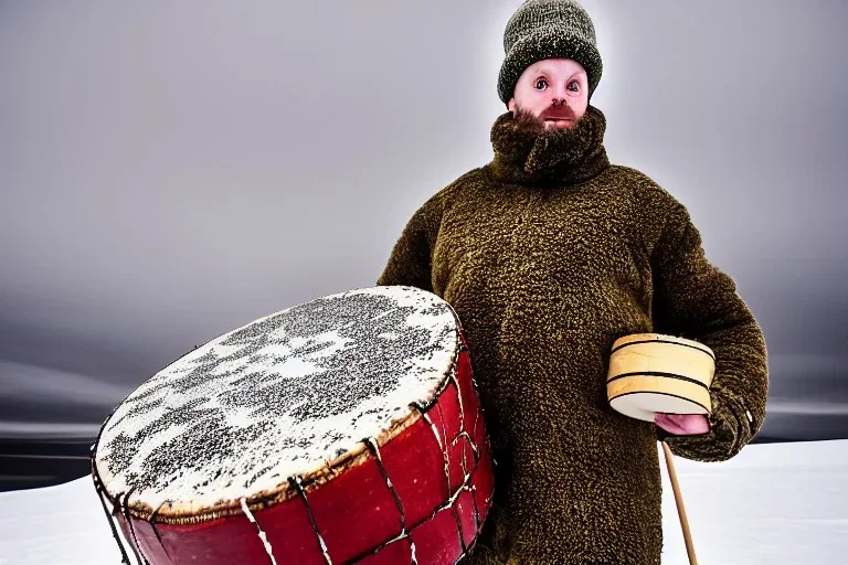 Portrait of a Northern Native Sage. Indigenous, Kekripukki, carries drum made of birch-park, Scary Horns grow from his shoulders, Midwinter, Mystic Egyptian, Traditional Costume is white with red ornaments and patterns. African style colorful faces, Arctic Hills, Strange trees, Haunting Atmosphere, North-Carelia, Karelia, Karjala, Karjalainen, traditional Carelian costumes, dripping black tears on cheek,