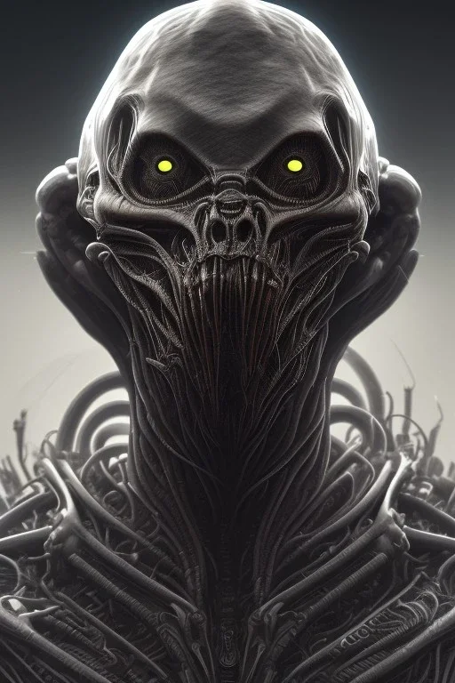 evil predator, alien, brutal face, tron, head, bitcoin eyes, 8k, finely detailed, dark light, photo realistic, hr giger, cyberpunk