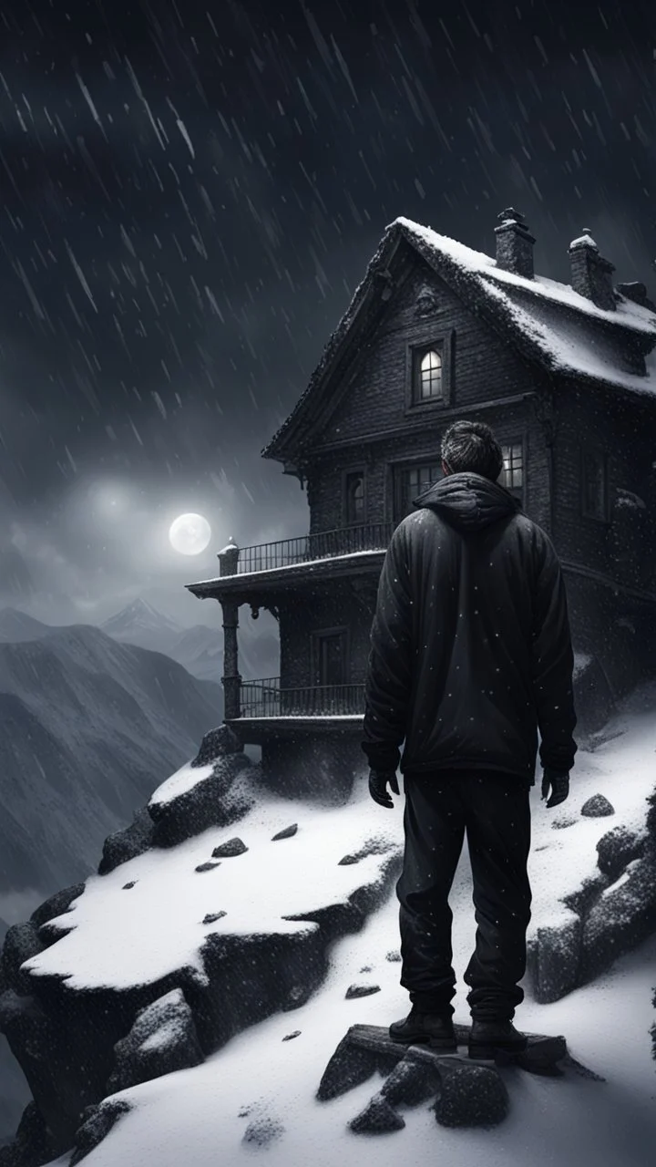 Hyper Realistic black dressed sad man on the top of a mountain & an abandoned dark haunted house at heavy snowfall night