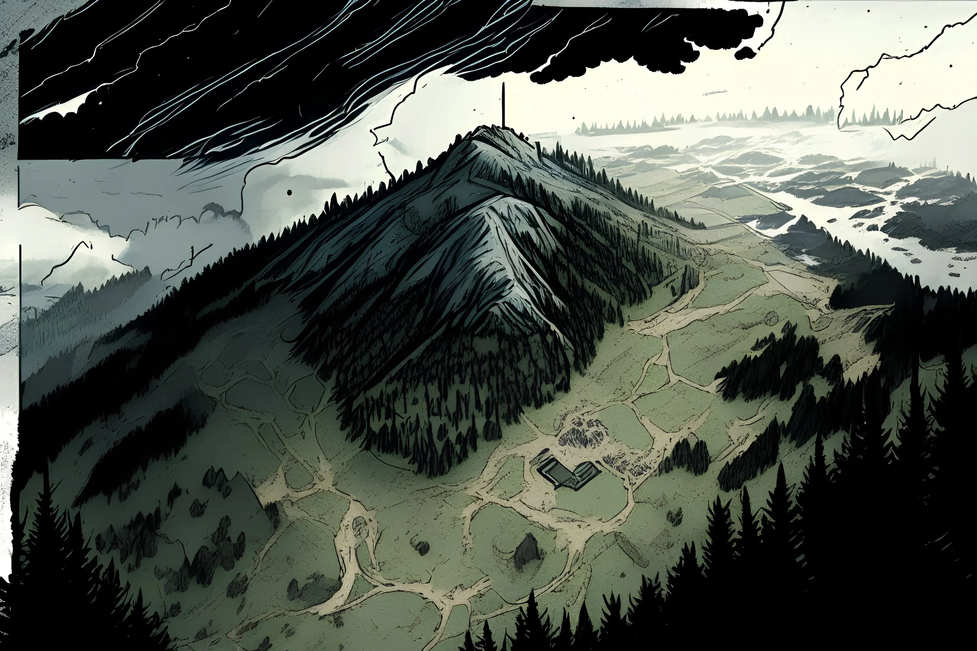 a map, top view of a forest, a hill, mountain,, comic book, post -apocalypse, gray, sky, clouds