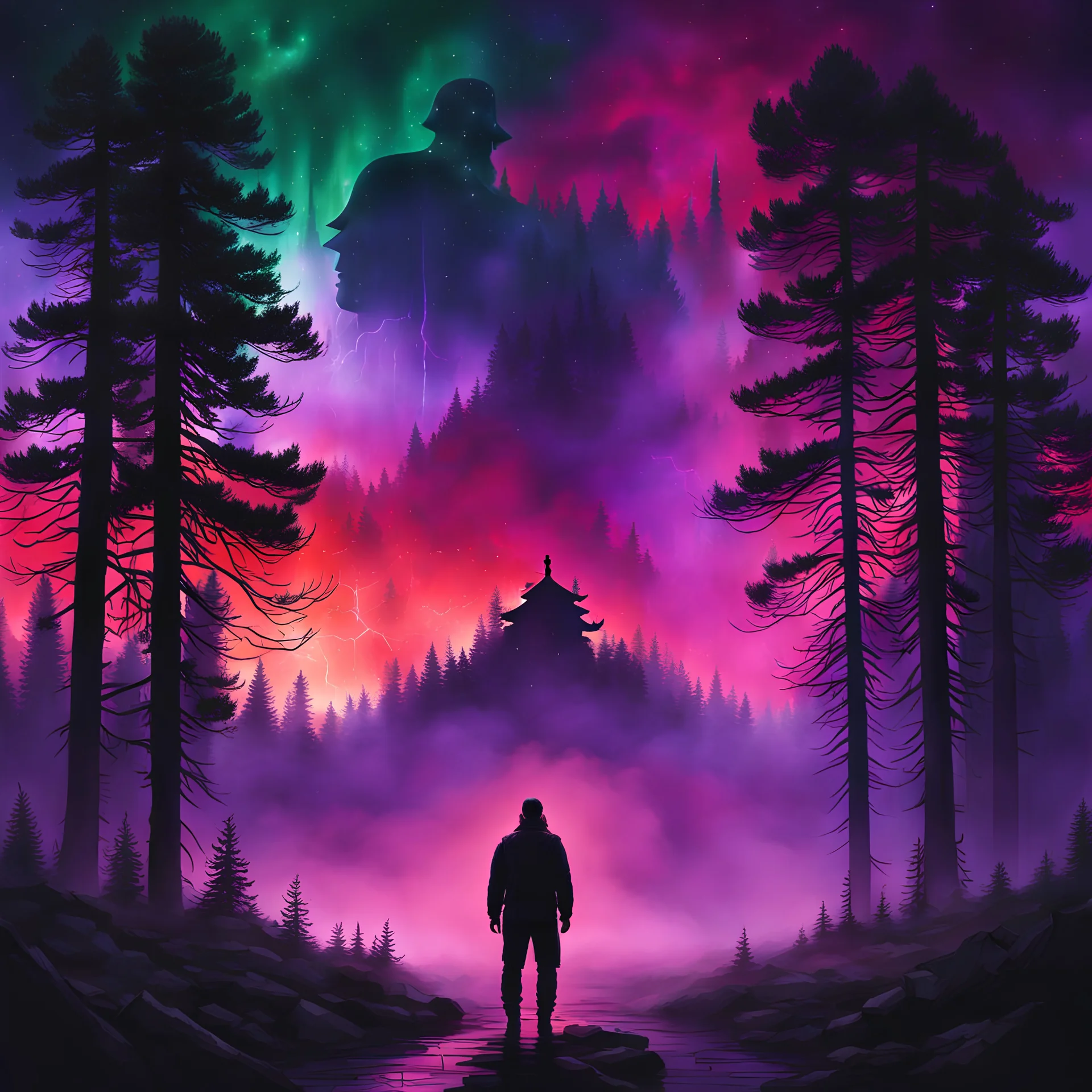 Wide shot ((night sky, red thunder lightnings)), ((pine woods)) ((a duo of (((a long hair) man)) and ((a woman)) backview silhouettes)) a cabin surrounded by red purple mist and green black haloes, ((facing an evanescent foggy form of a giant floating mask of Jason Voorhees, epic melted with the sky)), 80's horror movie poster, ((dark horror synthwave))" ((add urban details, garbage, electrical lines etc))"