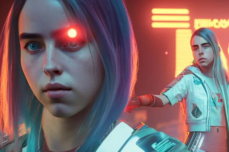 Billie Eilish, on stage with guitar, cyberpunk2077, realistic, not to be distinguished from a photo, identical pupils, photorealistic illustration