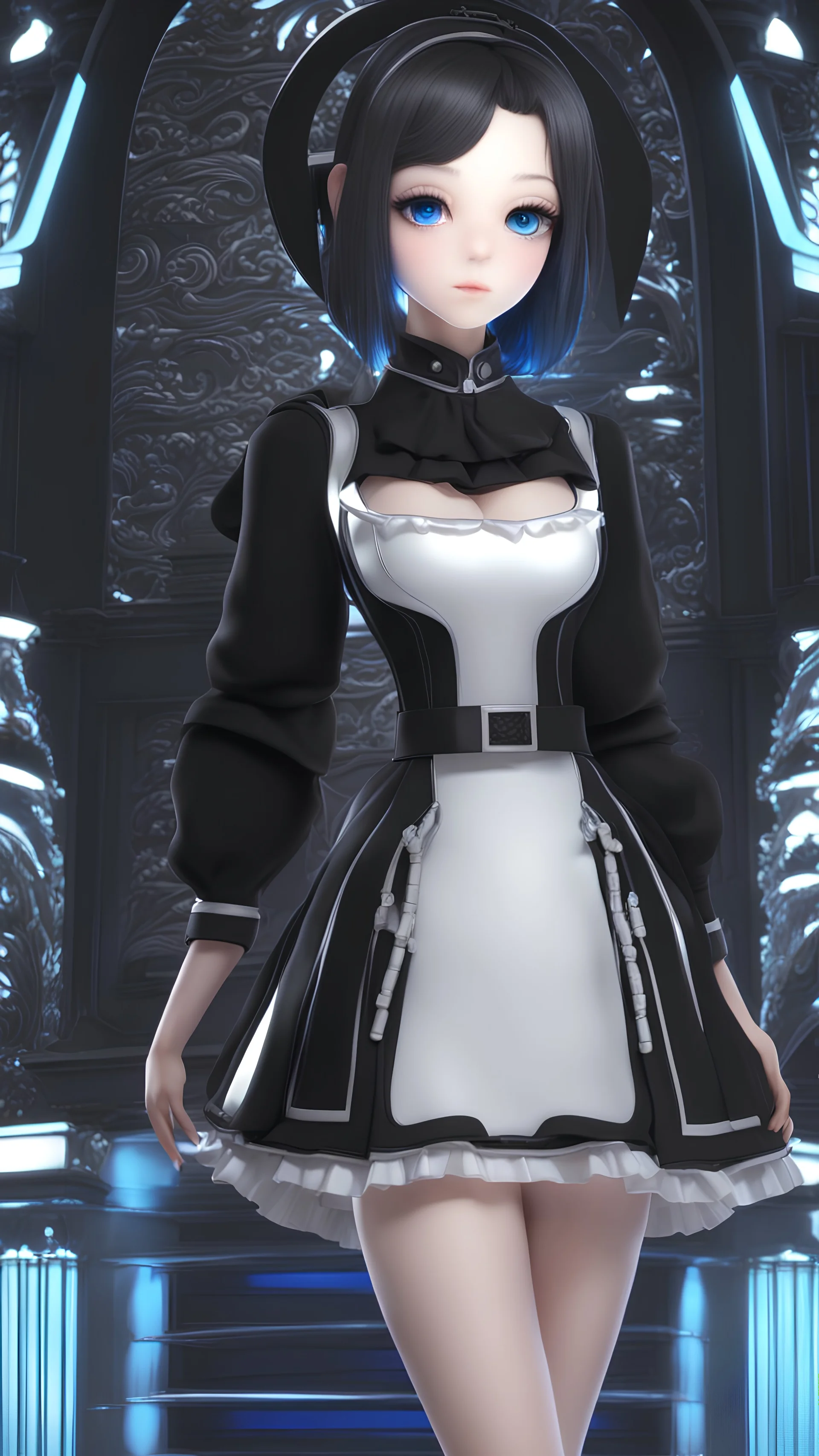 3d maid with black long dress and short black hair and blue glowing eyes