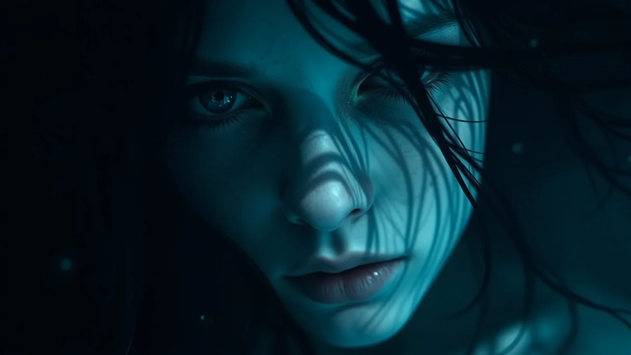 close up face shadow eyes, void, pain, hyper-realistic detail, floats in deep sea, Dark sea ten and in her hair, drils and shadow around, abyss, fog, Style crepy stunning, dark, surreal vibe underwater and meticulous detail clean pale skin and face. dark shadow and weird mood