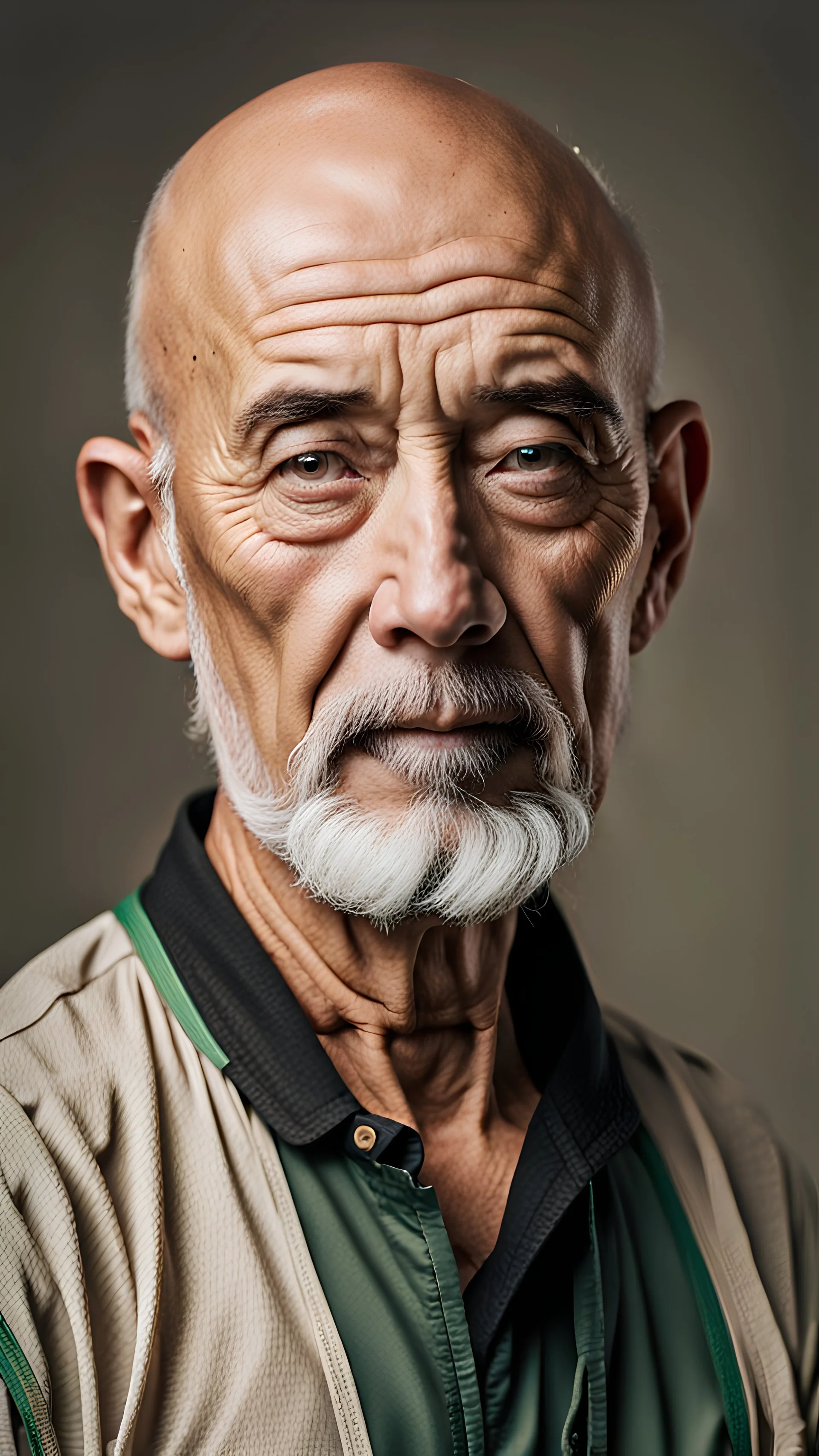 Un hombre de sesenta años, cara redonda e inocente, barba canosa corta, ojos pequeños de color marrón con ojeras, completamente calvo, expresión pensativa, rasgos orientales, vestido con una camisa negra, pantalón beige con tirantes verdes y calzado deportivo color blanco. Estilo hiperrealista bien iluminado y alta definición.