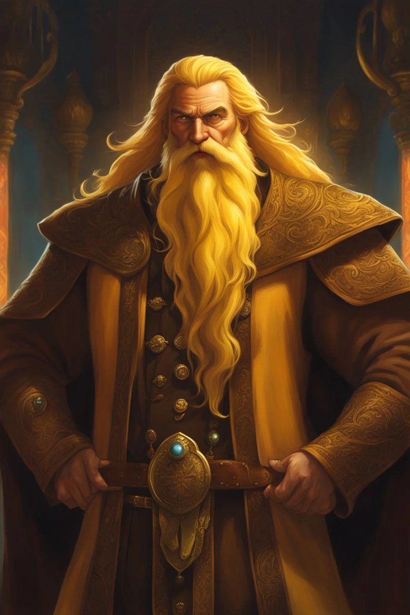 man big man in dark brown travelers cloth. he has long, unruly yellow hair and unruly yellow beard. show all of the head. perfect hands. fantasy setting. concept art, mid shot, intricately detailed, color depth, dramatic, 2/3 face angle, side light, colorful background. Style of Gerald Bloom.