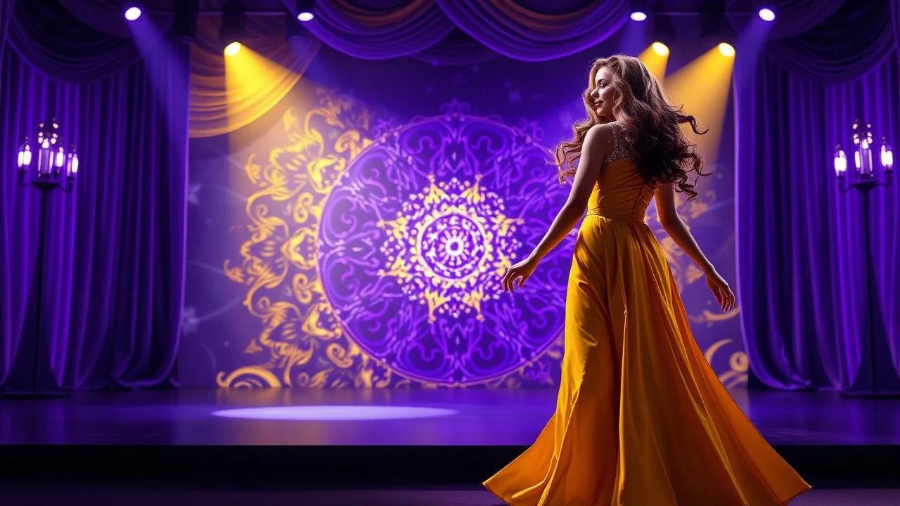 modern stage with gray-dark yellow blueish violet theme artistic decoration , color full dynamic lighting, a beautiful lady in maxi dress with shining silver jewels ,curvy long hair,dancing, 3D recursive fractal structure animating background