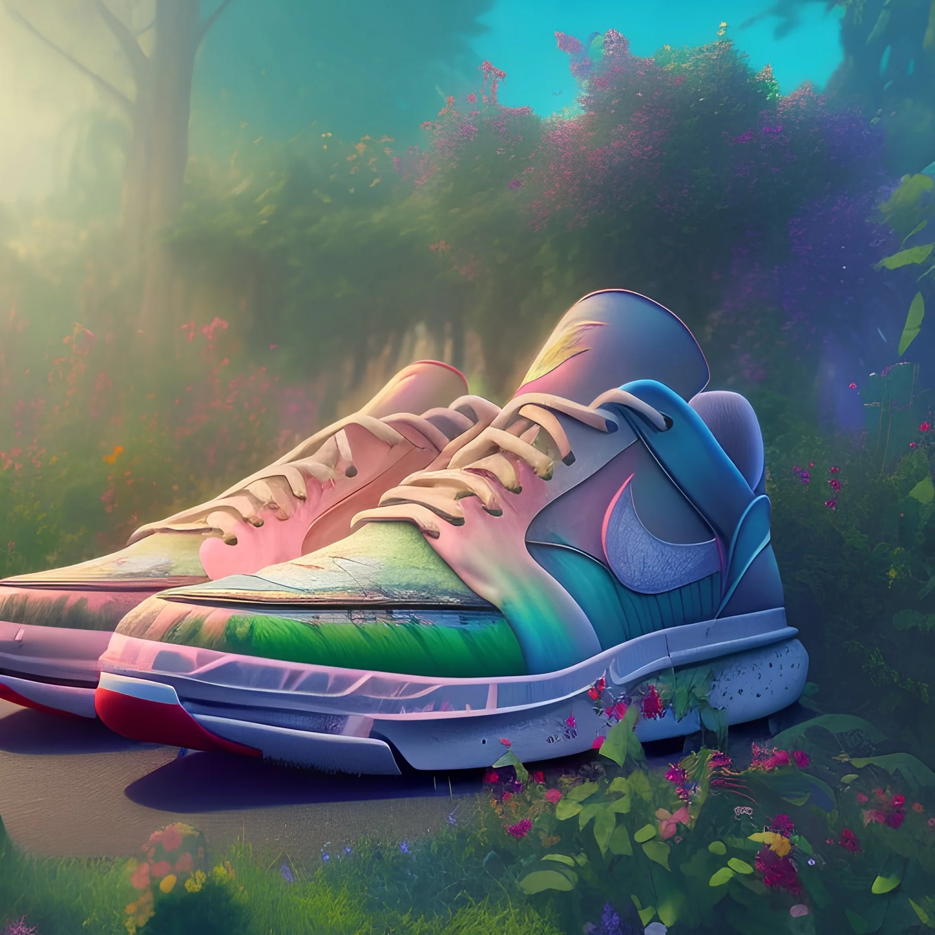 pixar style, volumetric summer garden environment and background, hyper realistic painting of Nike sneaker, looking excited, volumetric lighting, dramatic lighting, detailed digital painting, anime, ornate, colour-saturated colors, chaotic, small minutiae, tiny features, particulars, centered, smooth, sharp focus, renderman gofur render, 8k, uhd, detailed eyes, realistic shaded volumetric lighting, sunlight caustics, backlight, centered camera view