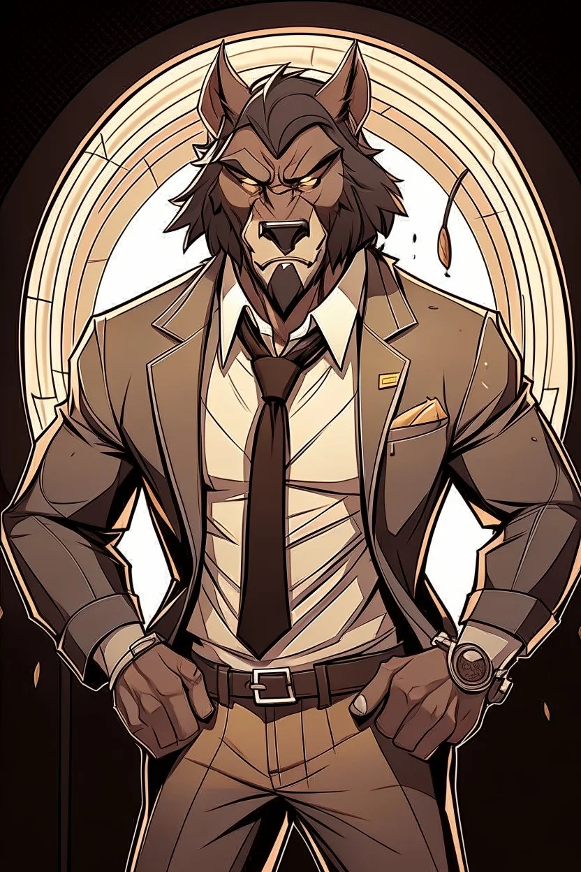 Buff, anthro, wolf, himbo, black fur, gold eyes, wearing a suit, full-body, muscles, strong, muscular, man boobs, bulky, tail, dark fur, smug grin, hands on hips, furry-himbo, broad shoulders, wide hips,