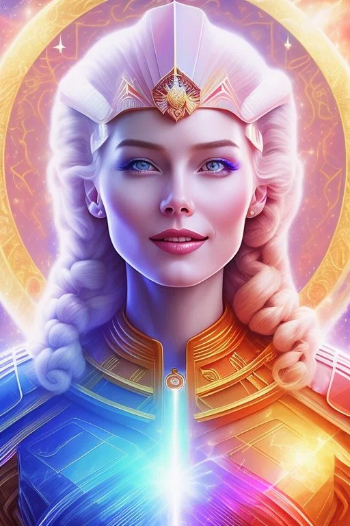 cosmic woman smile, admiral from the future, one fine whole face, crystalline skin, expressive blue eyes,rainbow, smiling lips, very nice smile, costume pleiadian, Beautiful tall woman pleiadian Galactic commander, ship, perfect datailed golden galactic suit, high rank, long blond hair, hand whit five perfect detailed finger, amazing big blue eyes, smilling mouth, high drfinition lips, cosmic happiness, bright colors, blue, pink, gold, jewels, realist, high commander