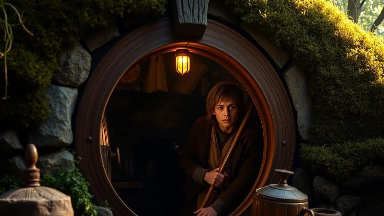 Bilbo Baggins in Bag End, in "Lord of the Rings" by Tolkien. Beautiful composition, clear photograph, excellent lighting, award-winning photography.