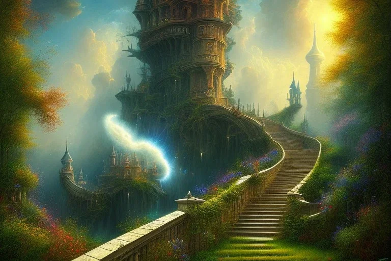 long stairway up to heaven, atmospheric, mystical, beautiful colours, romanticism, fantasy, Neo-Impressionism, fine art