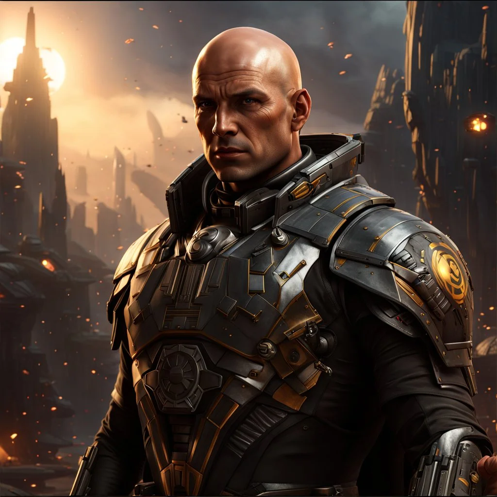 star wars bald male corellian pilot wearing pearlescent black and gunmetal grey First Order special forces heavy assault stealth commando armor and helmet with gold trim inside the jedi temple, hyperdetailed, dynamic lighting, hyperdetailed background, 8k resolution, volumetric lighting, light skin, fully symmetric details