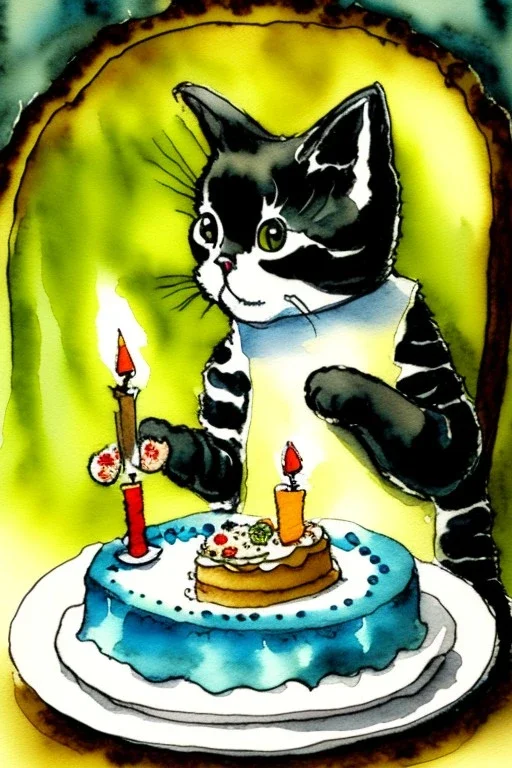 A cute cat is having a birthday cake. Watercolour