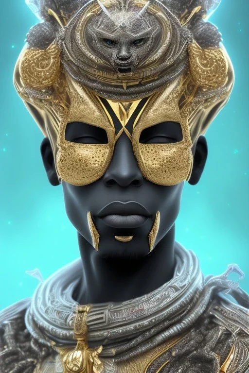 black male African Egyptian alien, cracks in the voodoo head, wicked, diamond eyes, crown, blood, 8k, finely detailed, photo realistic, leopard robe turquoise skull head gold dragon space alien rain skeleton gold teeth silver crown silver space suit spaceships