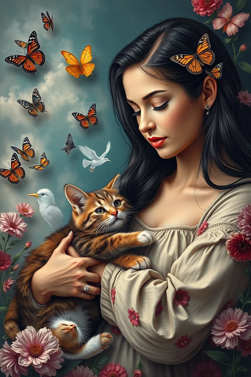 College pictures of love, birds, butterflies, cats, dogs, babies, beautiful women, oil painting style, for famous attest , ultra high quality, 8k, cinematic