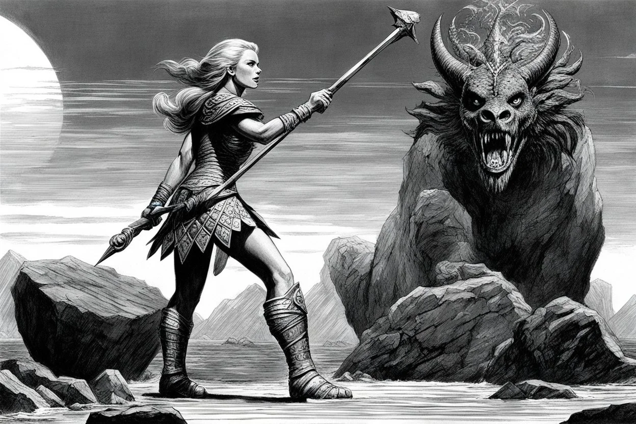 [art by Ray Harryhausen] Echo will do it… she is able to do it… Echo: her name says all, she is a natural sonar, you can feel it. Echo stands rigid, her staff planted firm against the planks. Her breathing slows, deliberate, her eyes half-lidded as she focuses inward. The world around her blurs until all that remains is the ebb and flow of unseen life beneath the water—the slow, measured breathing of something vast, something coiled in wait. She opens her mouth, speaking in a hushed, resonant so