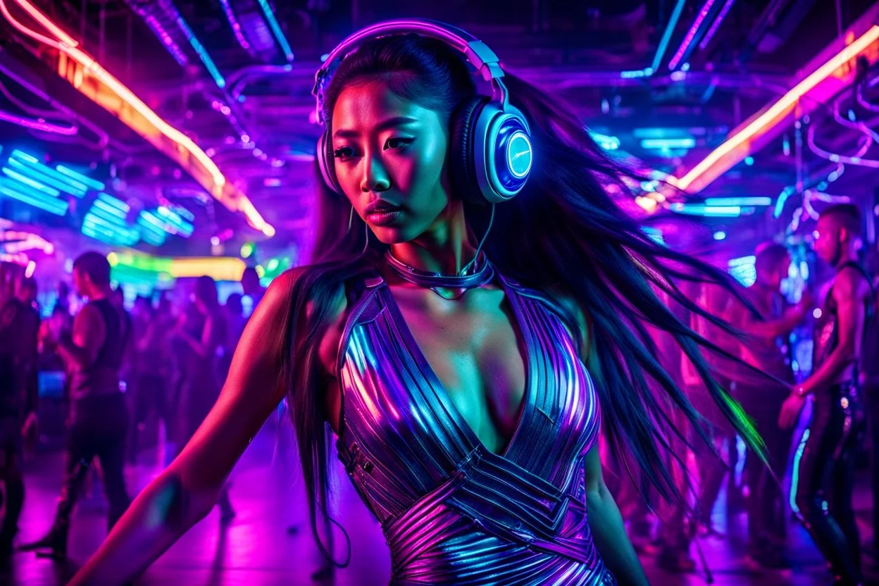 dancing in silent disco a young asian woman with long extrem hair, stunning futuristic dress and make up, wearing headphones and looking you attraktive, The atmosphere is enhanced in disco bar with neon lights, cyberpunk vibe, futuristic, light lines, photorealistic, in background blure light and blur dancing people