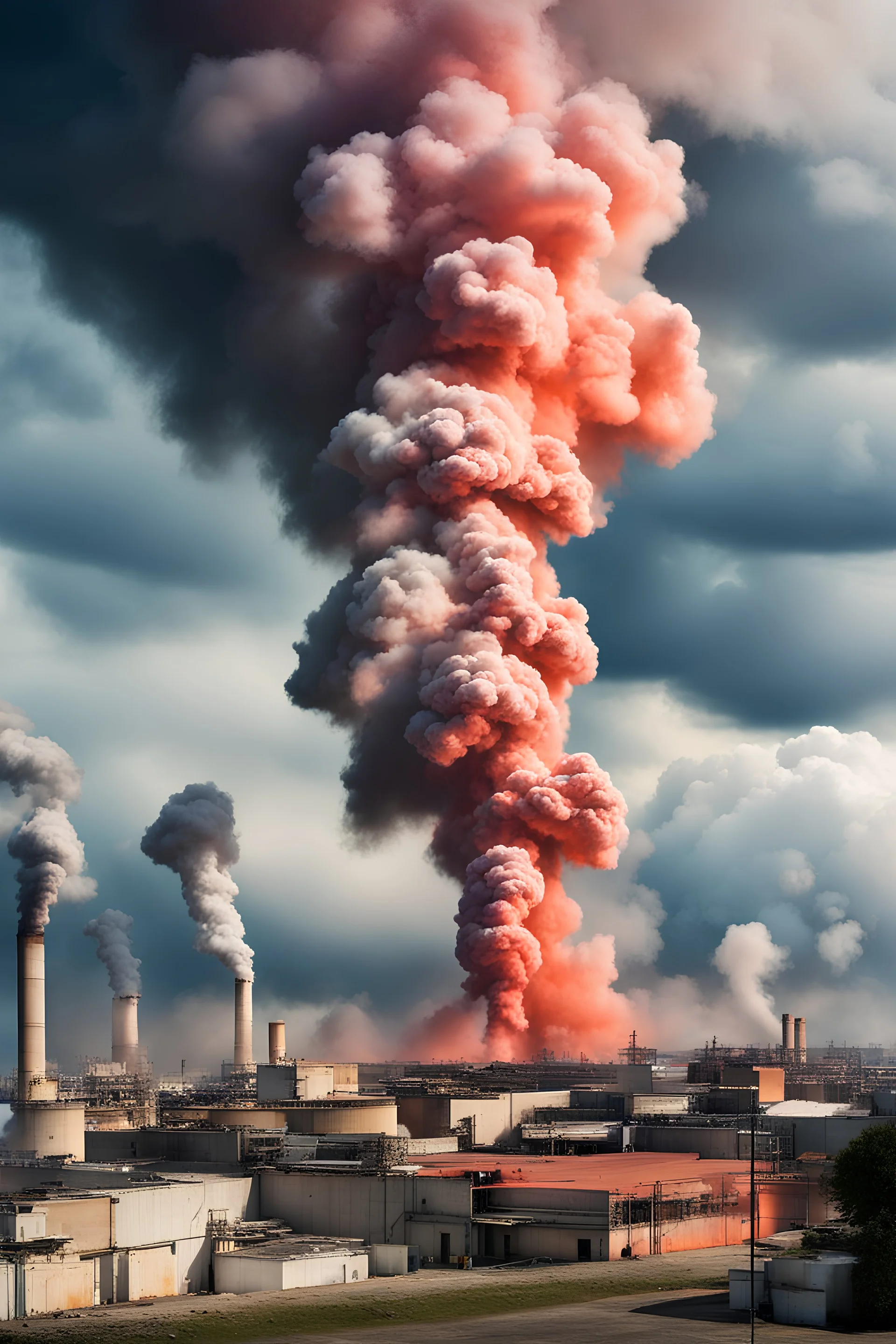 Wild storms, high temperature heat waves, droughts, extreme weather, global warming, factories emit colorful toxic smoke, CO2 gas