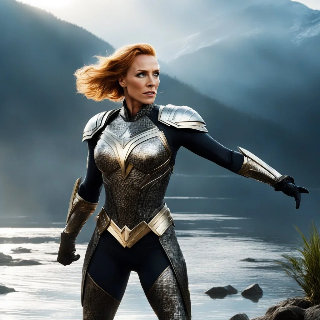 [movie by Zack Snyder] a new legend begins. High above the glistening lake, Toni Collette soars as a super heroine. With each graceful movement, she leaves a trail of stardust that sparkles in the sunlight, a testament to her power and grace.