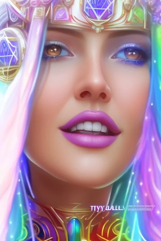 cosmic woman smile, admiral from the future, one fine whole face, crystalline skin, expressive blue eyes,rainbow, smiling lips, very nice smile, costume pleiadian, Beautiful tall woman pleiadian Galactic commander, ship, perfect datailed golden galactic suit, high rank, long blond hair, hand whit five perfect detailed finger, amazing big blue eyes, smilling mouth, high drfinition lips, cosmic happiness, bright colors, blue, pink, gold, jewels, realist, high commander,ufo rainbow