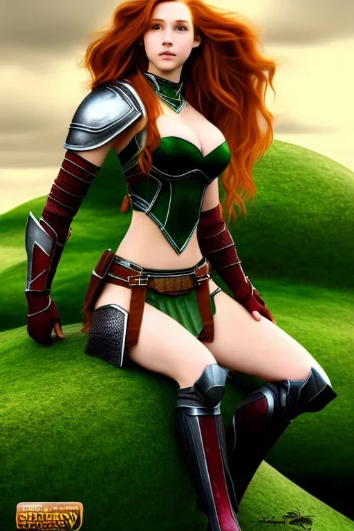 concept illustration,ultra-realistic, super-detailed, strikingly beautiful teen female, 16 years old, long ginger hair, green eyes, medium freckles, full lips, full body, full face, b-cup breasts, athletic, centred camera, ignore NSFW, black skimpy fantasy leather armor, sitting, legs spread