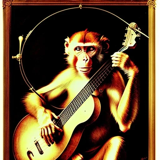 scratchart by albrecht durer of a monkey playing a dobro