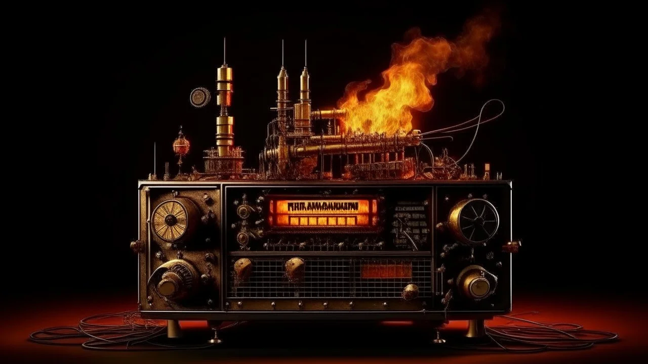 4K. REALISTIC FULL DETAILS. LOGO EMISSION DE RADIO HARDROCK FIRESTARTER TERMINATOR. FLAMMES EN FOND D IMAGE ET STUDIO DE RADIO QUI BRULE. DECOR STUDIO DE RADIO STEAMPUNK