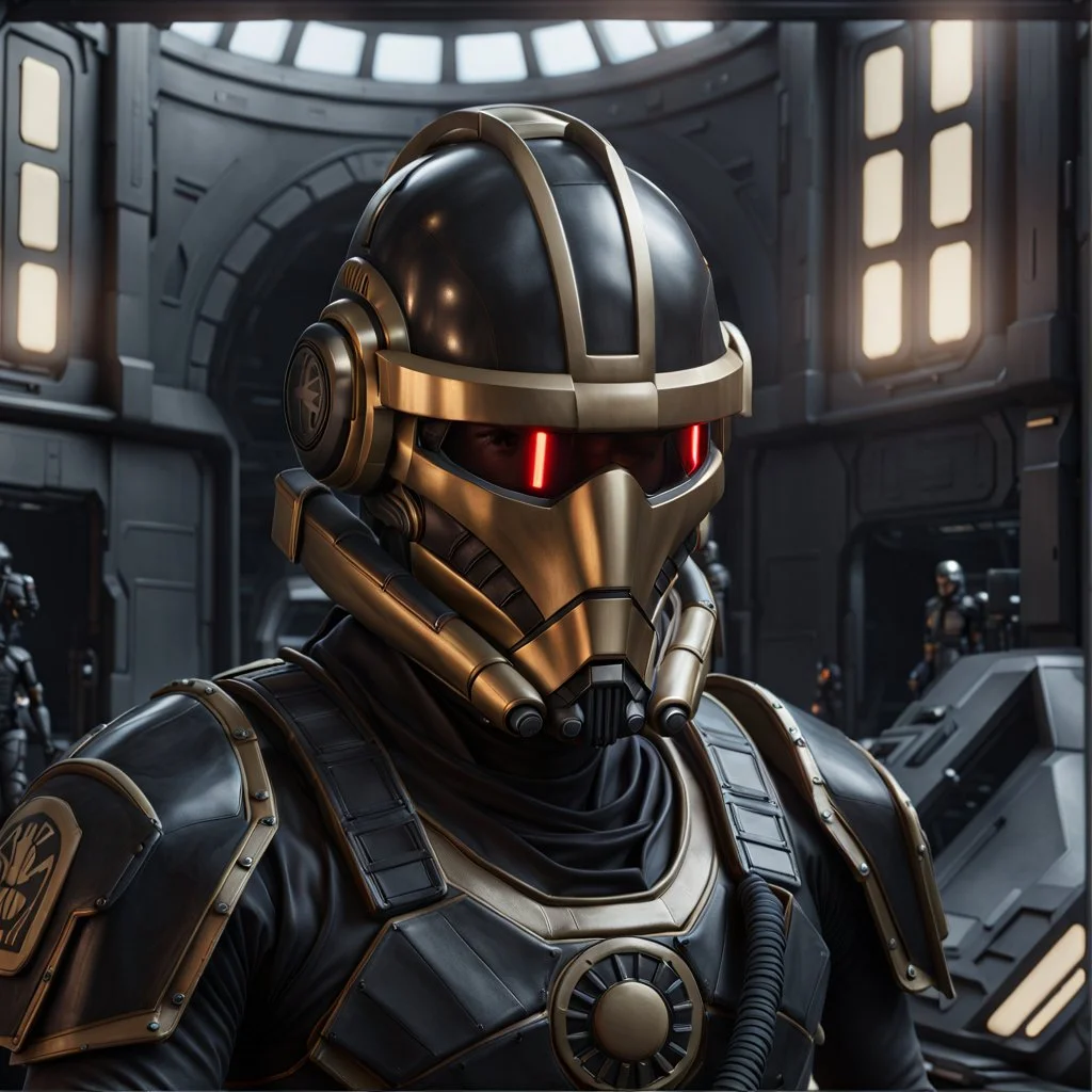 star wars bald male corellian pilot wearing pearlescent black and gunmetal grey First Order special forces heavy assault stealth commando armor and helmet with gold trim inside the jedi temple, hyperdetailed, dynamic lighting, hyperdetailed background, 8k resolution, volumetric lighting, light skin, fully symmetric details