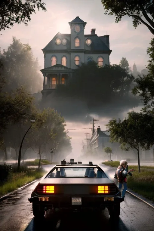 back to the future 1980´s,car, houses, trees, city, people, man