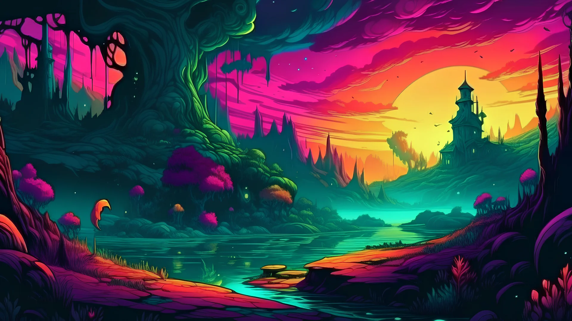 LOVECRAFT LANDSCAPE ANIMATED DIGITAL ART COLORFUL