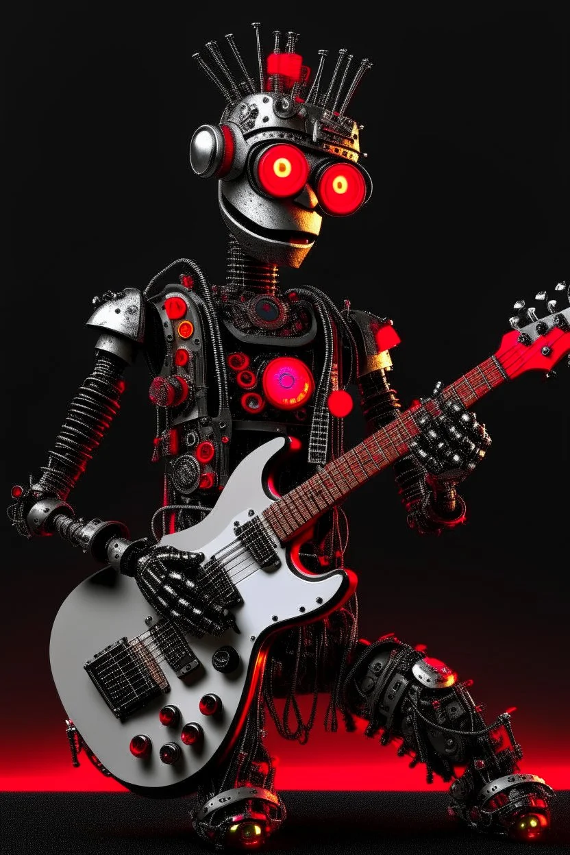 Firestarter robot hardrock with a guitar. Robot kind terminator. Seems angry against humans.