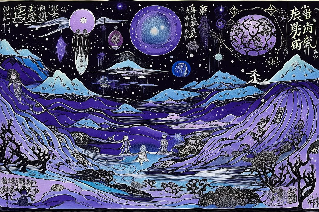 A purple outer space with ghosts of illusion designed in native American petroglyphs painted by Utagawa Hiroshige