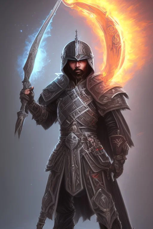 A warrior with a matte black combat helmet and eyes with bright blue flaming pupils, a black cape and a long coat with long combat boots and a long, sharp and fiery spear and with his helmet under his cape and two blue flames instead of eyes