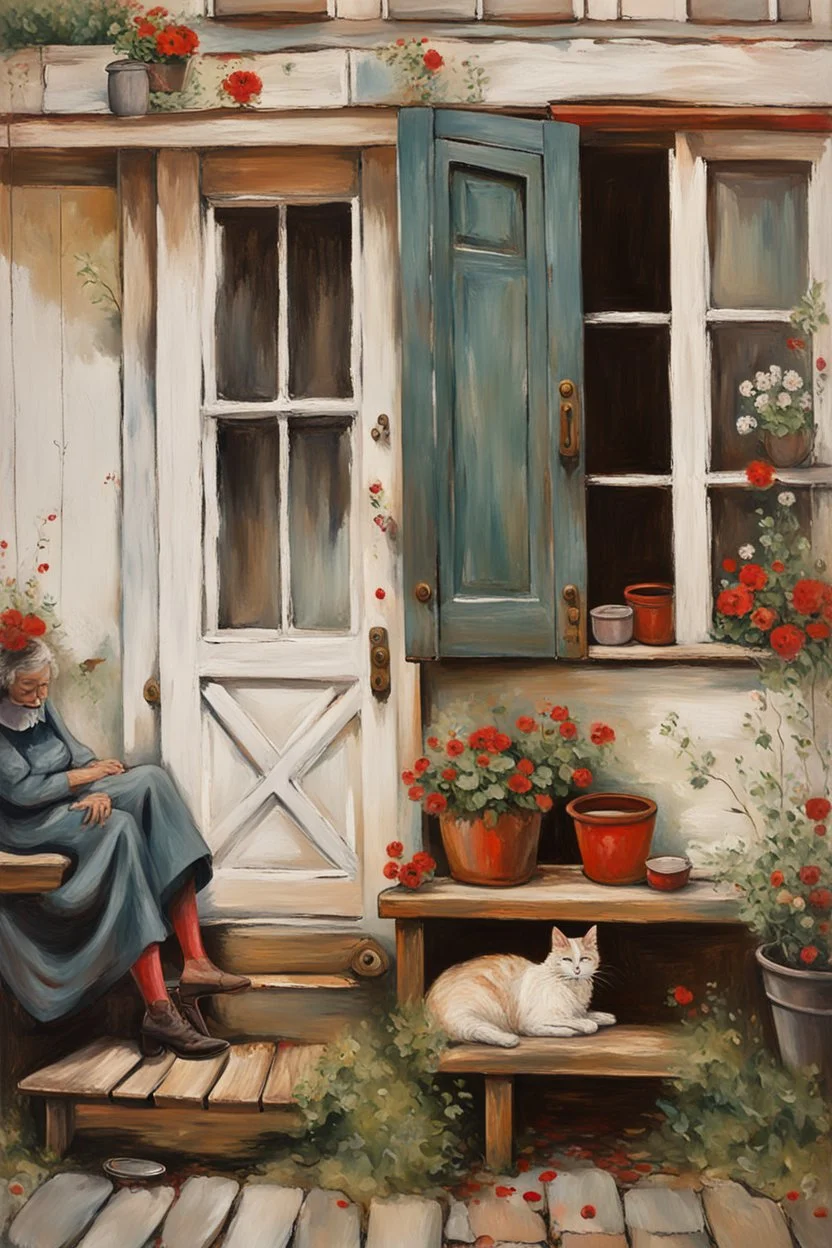 oil on roughened canvas, Textured Scumbling Technique, loose unstructured, Monet brush strokes. vintage feel. Old wooden Open housedoor with peeling paint, window next to door. An old woman with a curled sleeping cat beside her is sitting on an old tatty wooden bench. flowers, and pots. scruffy rundown pop hue of red