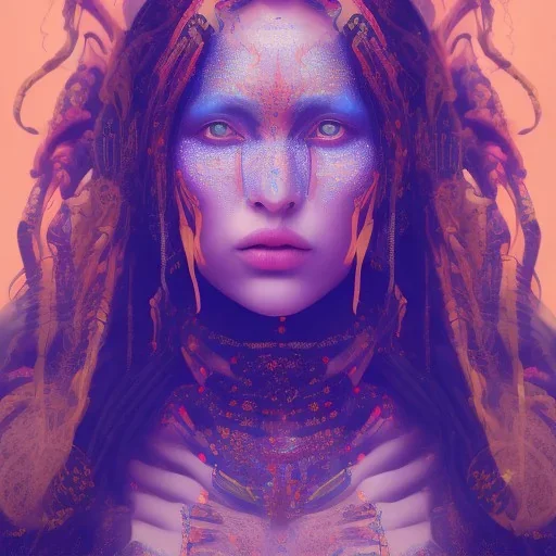 photo of female alien tribal shaman in a trance state, photography with an 85mm prime lens f 1.1