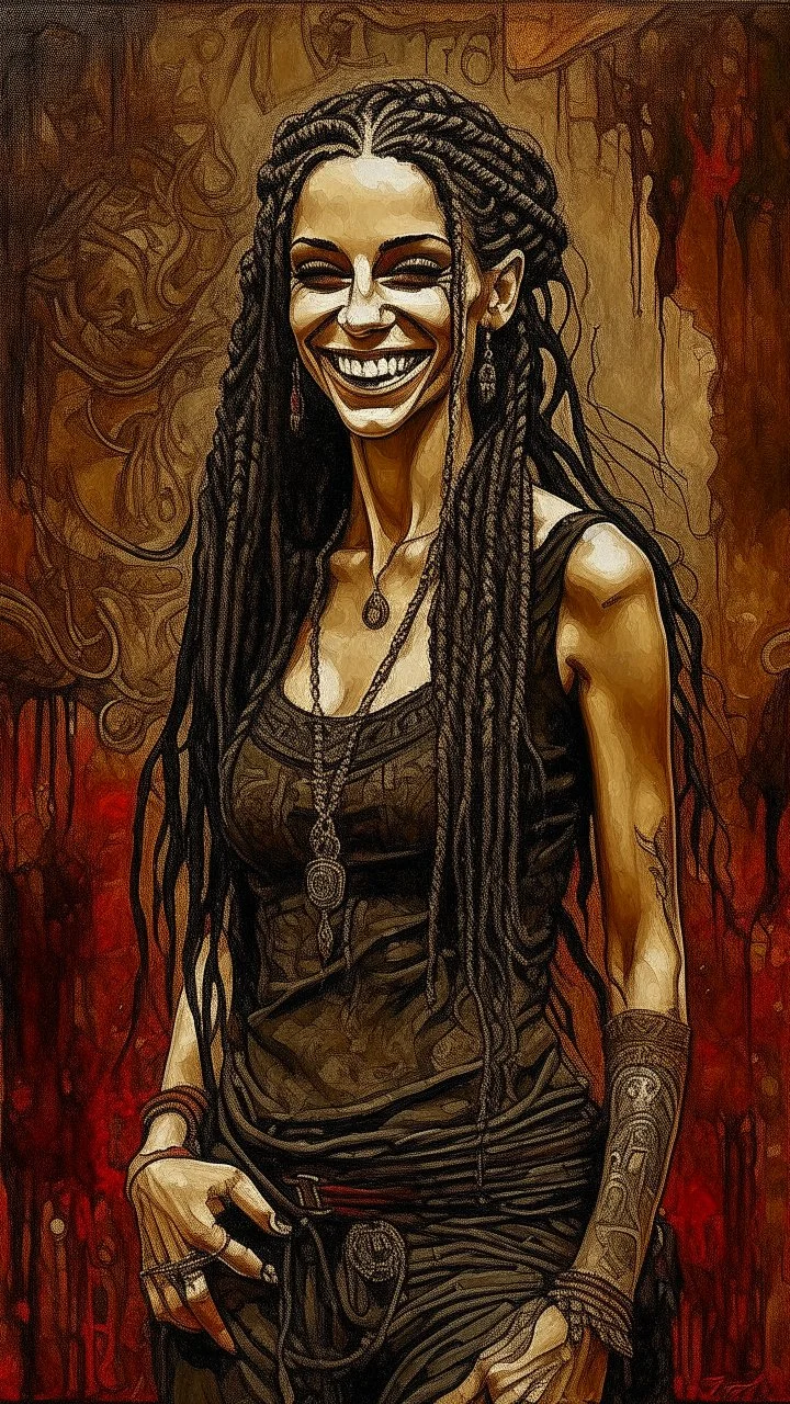 highly detailed, full body oil painting, petite, shyly smiling, goth woman of Spanish and Lebanese heritage with long dark braided hair, sharply defined angular facial features, anatomic perfection, by Andrea Kowch> <Yoji Shinkawa><Arthur Rackham> <Jean-Giraud Moebius, saturated vibrant natural color tones, precisely drawn and inked, 8k resolution
