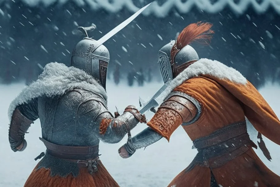 having a bloody sword fight in the snow