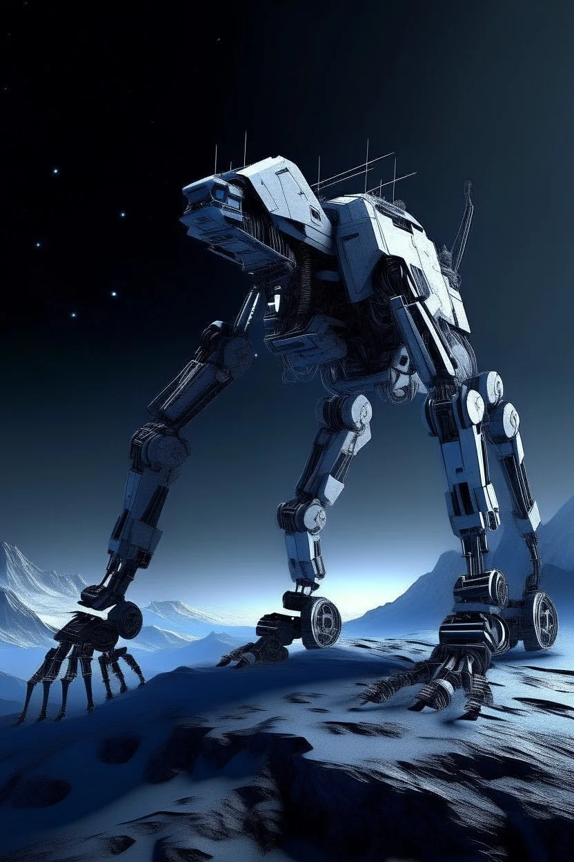 I want an image of a eight legged mechanical walker mech scaling the side of mout everest at night, it has a smooth surface