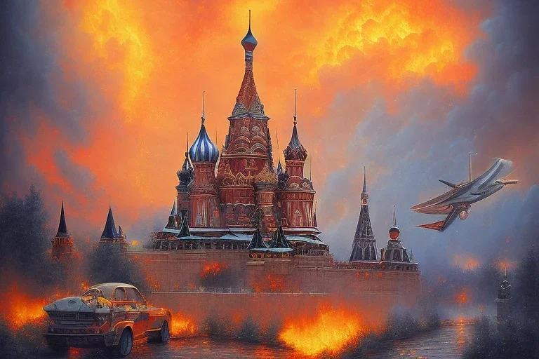 Peinture de Vladimir poutine, kremlin en feu,