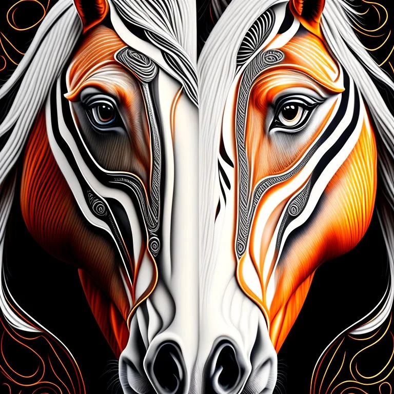 Horse symmetrical design symmetrical eyes symmetrical ear symmetrical frontal view ink art colours orange cream white and black hyper-detailed realistic 8k