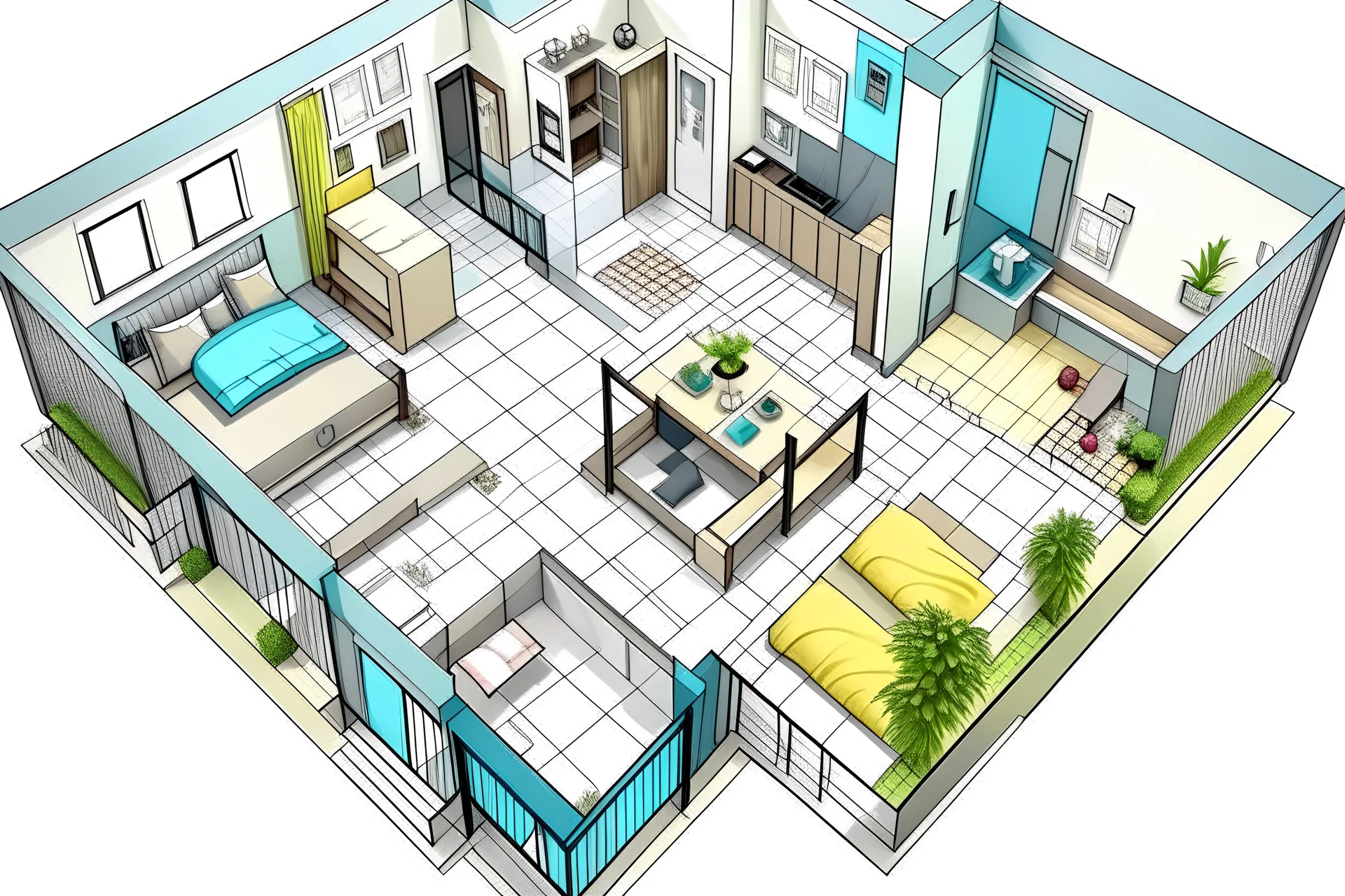 a 2bhk residence plan with furniture layout it should look like done in photoshop software