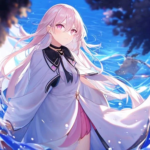 Clear focus,High resolution, Blue long hair, Light pink eyes,Wearing a white cloak,Wearing a pink short skirt,wearing a black collar,Looking away from the viewer, Blurry floating water