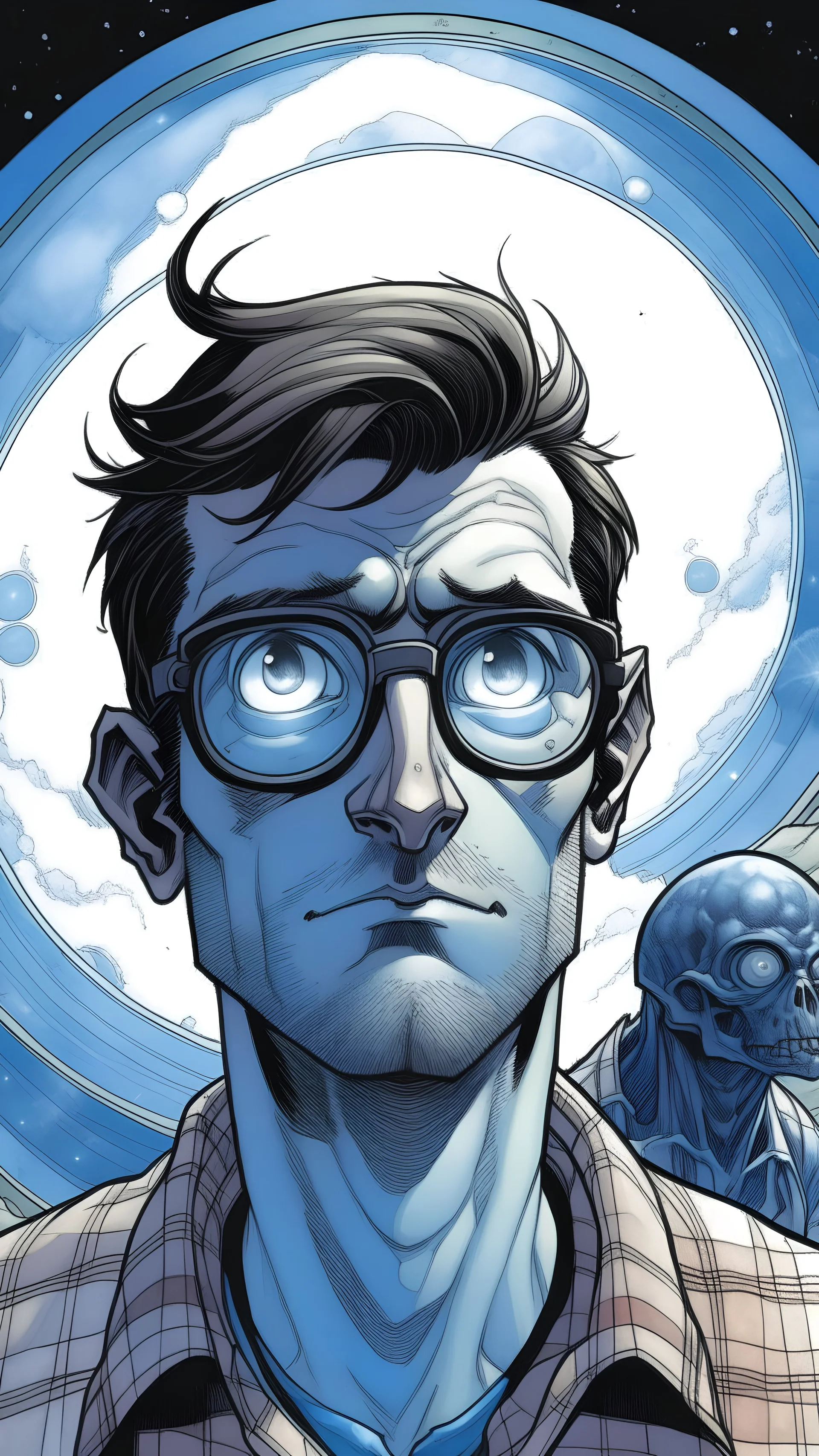 a giant cosmic eye with blue iris beams down onto a barefaced man who wears glasses and a gray plaid flannel shirt in the style of jeff lemire