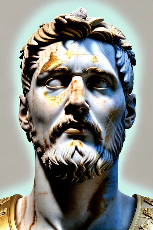 Ultra Realistic image, Roman sculpture, white marble material, Lionel Messi, gold Laurel leaves wreath, renaissance ornaments, one gold star in heart, marble and gold ornaments background, chisel style, waist up portrait, emperor style, epic, celestial, cinematic lighting, God light, god rays, 4k resolution, smooth details, ornate details, soft lighting, unreal engine 5, art station, substance 3d.