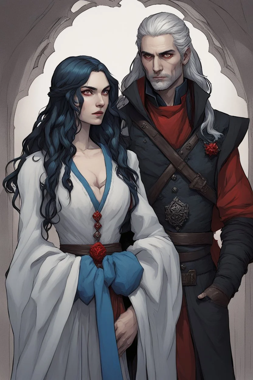 A couple, from the dnd game curse of Strahd. The woman has long white hair and blue eyes, the man has LONG BLACK hair and red eyes, no facial hair.