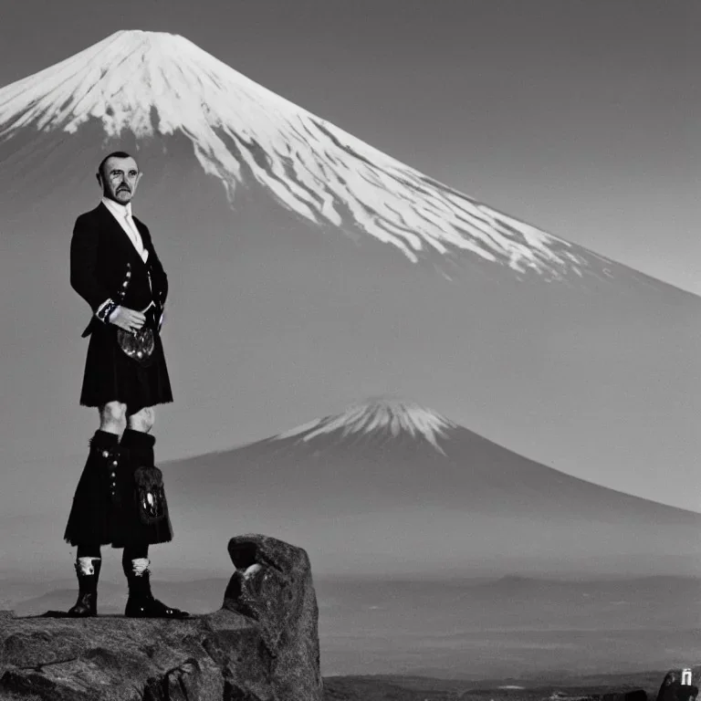 Sean Connery in a kilt in front of Mt. Fuji photorealistic